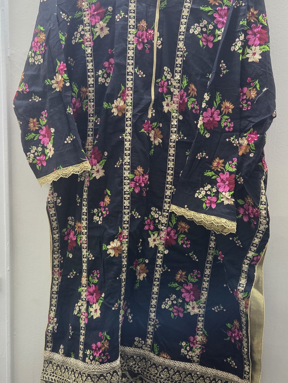 Black Floral Embroidered Kurta with Gold Trim